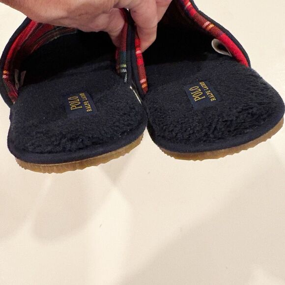 NWOT Ralph Lauren Klarence Microsuede Scuff Slipper Navy Big Pony Size 12 Plaid - Picture 5 of 8